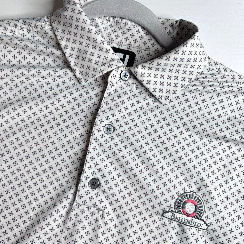 FJ Ballen Isles Golf Polo Sz L‎ White Gray Pink Geometric Over Print Performance